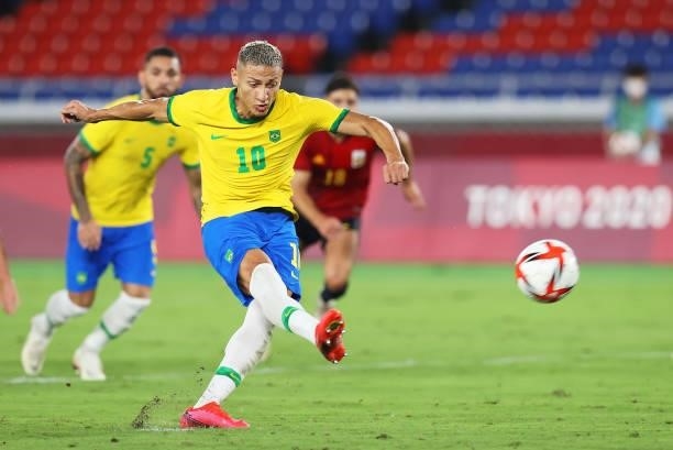 Richarlison of Team Brazil takes a penalty kick and misses during the Men's Gold Medal Match between Brazil and Spain on day fifteen of the Tokyo...