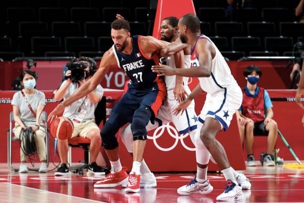 Rudy Gobert of Team France drives the ball against Team United States during the Men's Basketball Finals game between Team United States and Team...