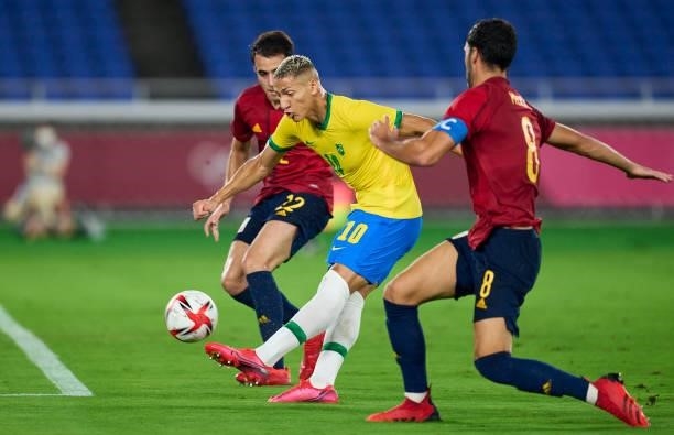 Richarlison De Andrade of Team Brazil in action during the Men's Gold Medal Match between Team Brazil and Team Spain on day fifteen of the Tokyo 2020...