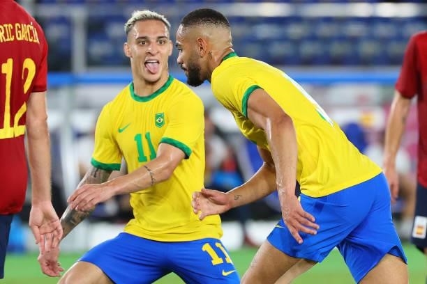 Matheus Cunha of Team Brazil celebrates with Antony after scoring a goal to take a 1-0 lead in the first half during the men's gold medal match...