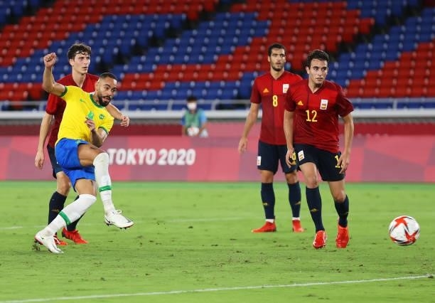 Matheus Cunha of Team Brazil scores their side's first goal during the Men's Gold Medal Match between Brazil and Spain on day fifteen of the Tokyo...