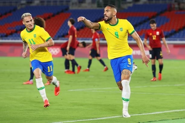 Matheus Cunha of Team Brazil celebrates after scoring their side's first goal during the Men's Gold Medal Match between Brazil and Spain on day...