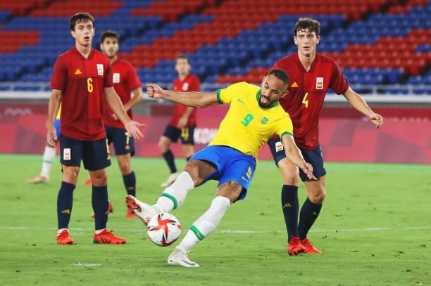 Matheus Cunha of Team Brazil scores their side's first goal during the Men's Gold Medal Match between Brazil and Spain on day fifteen of the Tokyo...