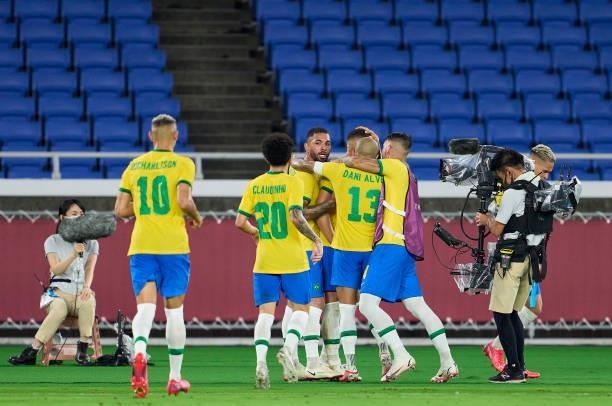Matheus Cunha of Team Brazil celebrates after scoring his team's first goal during the Men's Gold Medal Match between Team Brazil and Team Spain on...