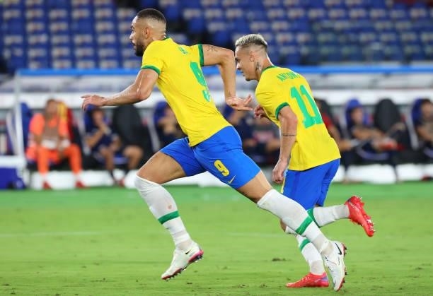 Matheus Cunha of Team Brazil celebrates after scoring a goal in the first half to take a 1-0 lead during the men's gold medal match between Team...