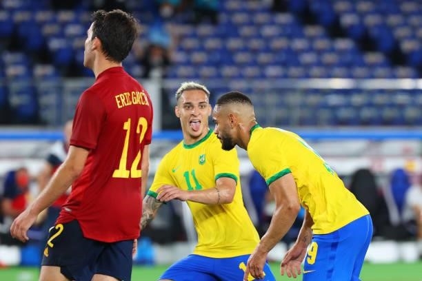 Matheus Cunha of Team Brazil celebrates with Antony after scoring a goal to take a 1-0 lead in the first half during the men's gold medal match...