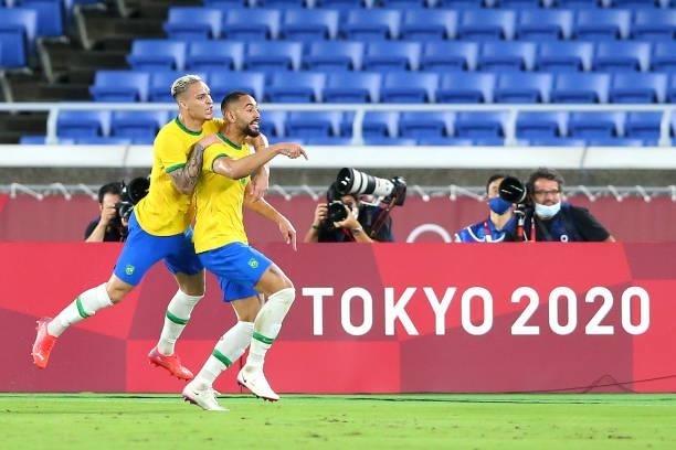 Matheus Cunha of Team Brazil celebrates with Antony after scoring their side's first goal during the Men's Gold Medal Match between Brazil and Spain...