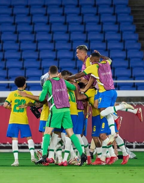 Matheus Cunha of Team Brazil celebrates after scoring his team's first goal during the Men's Gold Medal Match between Team Brazil and Team Spain on...