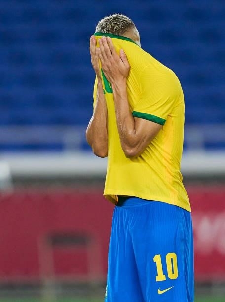 Richarlison De Andrade of Team Brazil reacts during the Men's Gold Medal Match between Team Brazil and Team Spain on day fifteen of the Tokyo 2020...