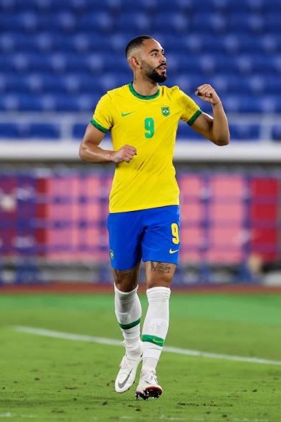 Matheus Cunha of Brazil celebrates his goal during the Men's Gold Medal Match between Brazil and Spain on day fifteen of the Tokyo 2020 Olympic Games...