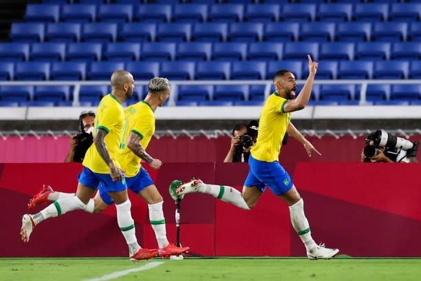 Matheus Cunha of Brazil celebrates his goal with teammates during the Men's Gold Medal Match between Brazil and Spain on day fifteen of the Tokyo...