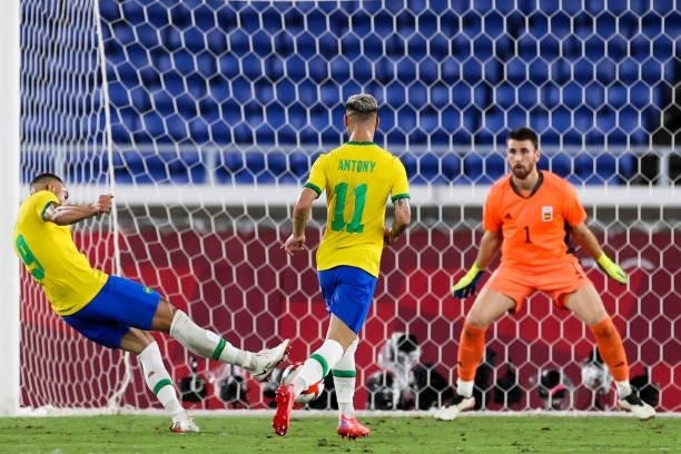 Matheus Cunha of Brazil scors a goal during the Men's Gold Medal Match between Brazil and Spain on day fifteen of the Tokyo 2020 Olympic Games at...