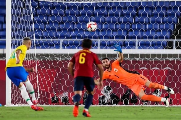 Richarlison of Brazil miss the penalty during the Men's Gold Medal Match between Brazil and Spain on day fifteen of the Tokyo 2020 Olympic Games at...