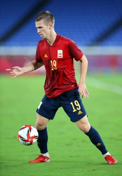 Dani Olmo of Team Spain in possession during the Men's Gold Medal Match between Brazil and Spain on day fifteen of the Tokyo 2020 Olympic Games at...