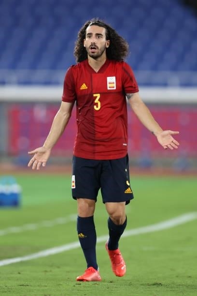 Marc Cucurella of Team Spain reacts during the Men's Gold Medal Match between Brazil and Spain on day fifteen of the Tokyo 2020 Olympic Games at...