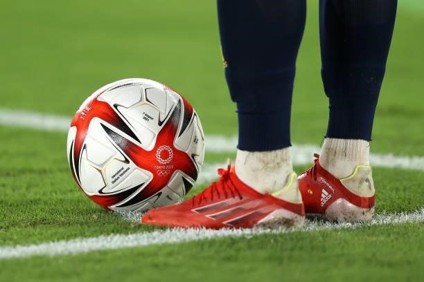 Detailed view of the Adidas Tokyo 2020 Olympic match ball is seen on the corner spot during the Men's Gold Medal Match between Brazil and Spain on...