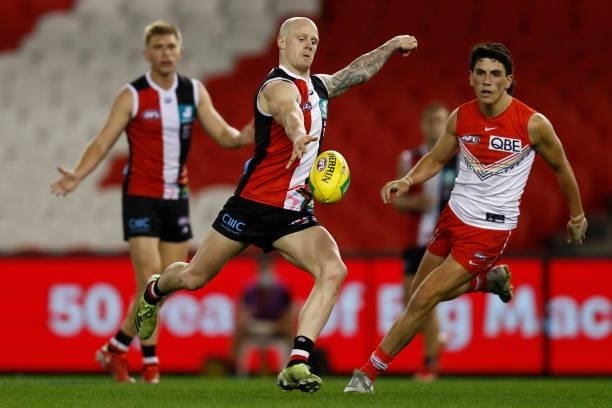 Zac Jones of the Saints kicks the ball during the round 21 AFL match between St Kilda Saints and Sydney Swans at Marvel Stadium on August 07, 2021 in...