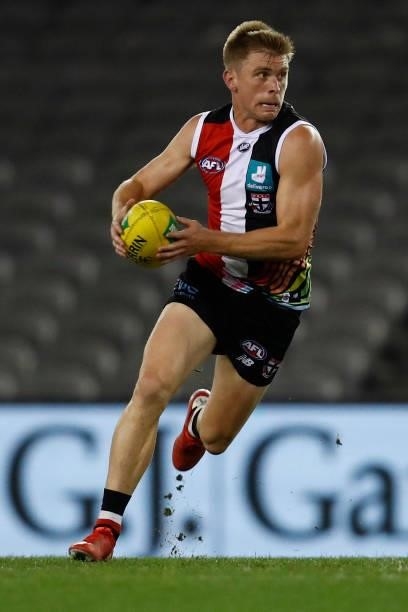Sebastian Ross of the Saints runs with the ball during the round 21 AFL match between St Kilda Saints and Sydney Swans at Marvel Stadium on August...