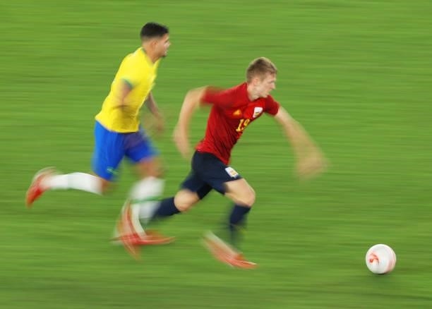 Dani Olmo of Team Spain runs with the ball during the Men's Gold Medal Match between Brazil and Spain on day fifteen of the Tokyo 2020 Olympic Games...