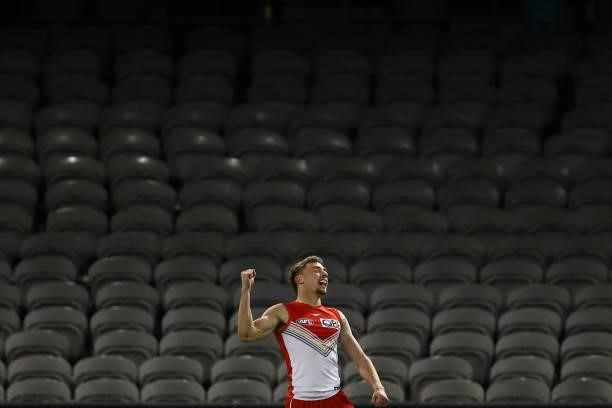 Will Hayward of the Swans celebrates a goal during the round 21 AFL match between St Kilda Saints and Sydney Swans at Marvel Stadium on August 07,...
