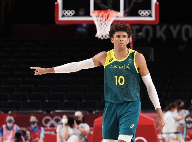 Matisse Thybulle of Team Australia signals to his teammates during the second half of the Men's Basketball Bronze medal game between Team Slovenia...