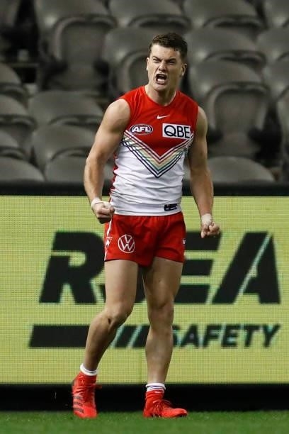 Tom Papley of the Swans celebrates a goal during the round 21 AFL match between St Kilda Saints and Sydney Swans at Marvel Stadium on August 07, 2021...