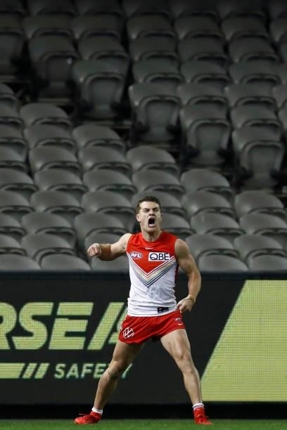 Tom Papley of the Swans celebrates a goal during the round 21 AFL match between St Kilda Saints and Sydney Swans at Marvel Stadium on August 07, 2021...