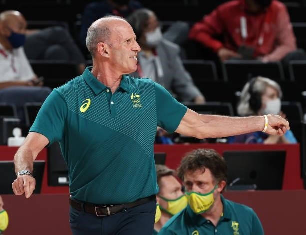 Team Australia Head Coach Brian Goorjian calls out to his team during the second half of the Men's Basketball Bronze medal game between Team Slovenia...