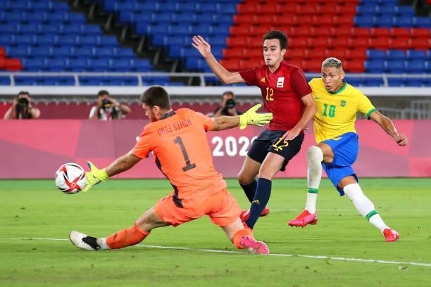Richarlison of Team Brazil shoots and misses during the Men's Gold Medal Match between Brazil and Spain on day fifteen of the Tokyo 2020 Olympic...
