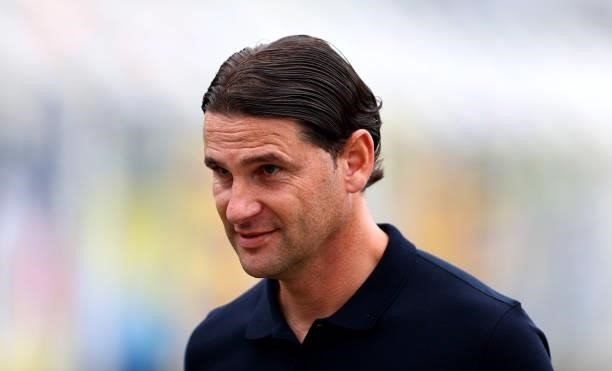 Gerardo Seoane, head coach of Bayer Leverkusen looks on ahead of the DFB Cup first round match between 1. FC Lok Leipzig and Bayer Leverkusen at...