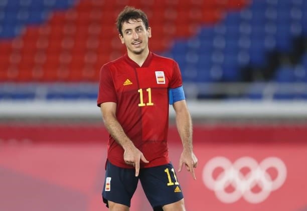 Mikel Oyarzabal of Team Spain celebrates after scoring their side's first goal during the Men's Gold Medal Match between Brazil and Spain on day...