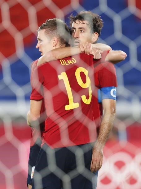 Mikel Oyarzabal of Team Spain celebrates with Dani Olmo after scoring their side's first goal during the Men's Gold Medal Match between Brazil and...