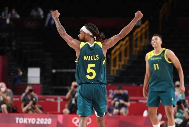 Patty Mills of Team Australia celebrates a win over Slovenia in the Men's Basketball Bronze medal game on day fifteen of the Tokyo 2020 Olympic Games...