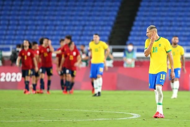 Richarlison of Team Brazil looks dejected after their side concede a goal scored by Mikel Oyarzabal of Team Spain during the Men's Gold Medal Match...