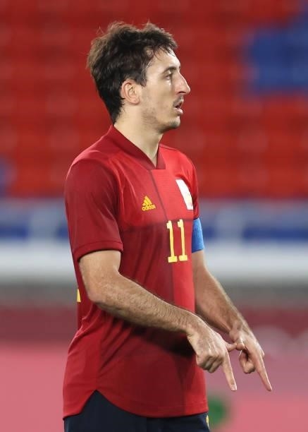 Mikel Oyarzabal of Team Spain celebrates after scoring their side's first goal during the Men's Gold Medal Match between Brazil and Spain on day...