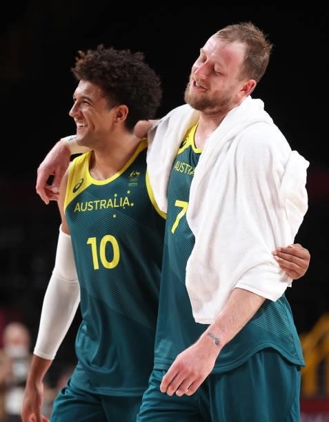 Matisse Thybulle and Joe Ingles of Team Australia celebrate a win over Slovenia in the Men's Basketball Bronze medal game on day fifteen of the Tokyo...