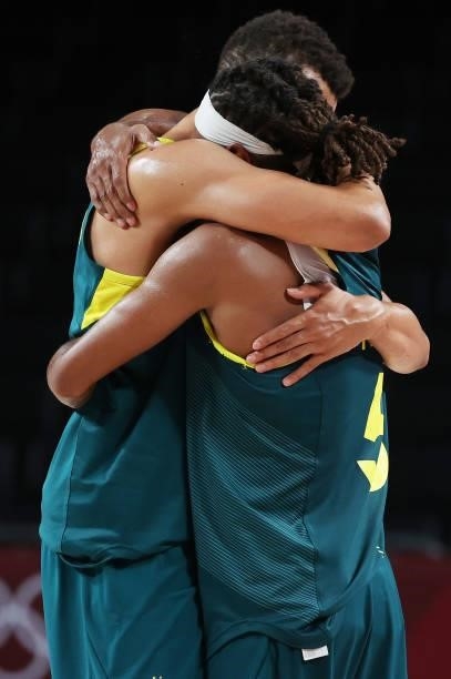 Patty Mills of Team Australia and teammate Dante Exum celebrate a win against Slovenia in the Men's Basketball Bronze medal game on day fifteen of...