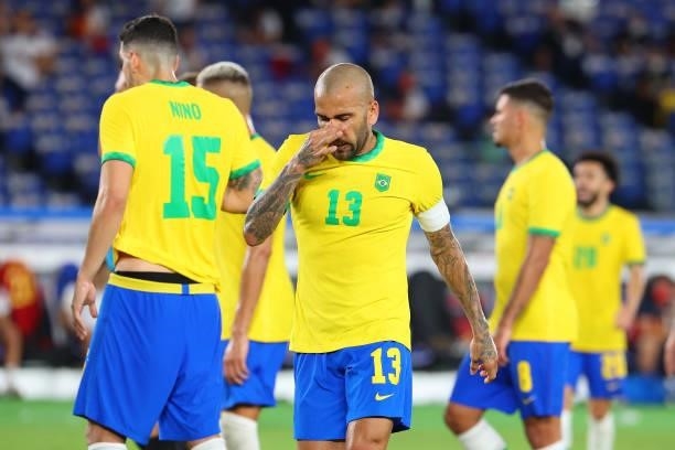 Dani Alves of Team Brazil reacts in the second half during the men's gold medal match between Team Brazil and Team Spain at International Stadium...