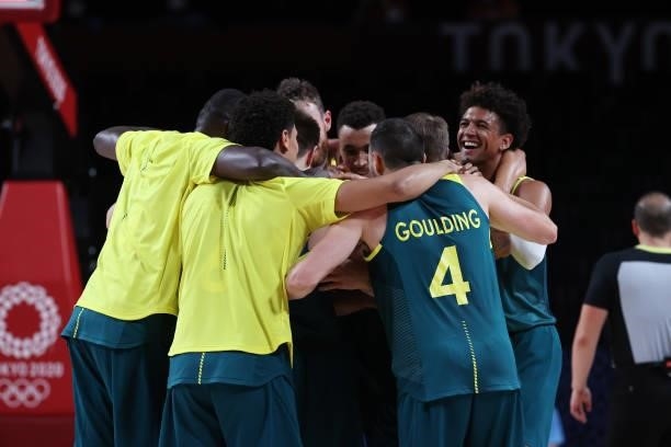 Team Australia celebrates a win over Slovenia in the Men's Basketball Bronze medal game on day fifteen of the Tokyo 2020 Olympic Games at Saitama...