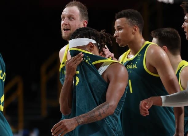 Patty Mills of Team Australia is overcome with emotion after a win against Slovenia in the Men's Basketball Bronze medal game on day fifteen of the...