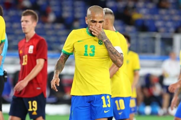 Dani Alves of Team Brazil reacts in the second half during the men's gold medal match between Team Brazil and Team Spain at International Stadium...