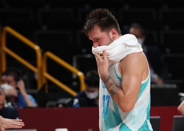 Luka Doncic of Team Slovenia reacst in disappointment after a loss to Australia in the Men's Basketball Bronze medal game on day fifteen of the Tokyo...