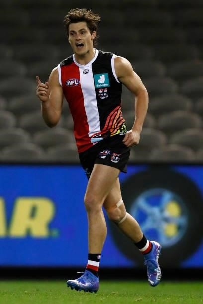 Jack Steele of the Saints celebrates a goal during the round 21 AFL match between St Kilda Saints and Sydney Swans at Marvel Stadium on August 07,...