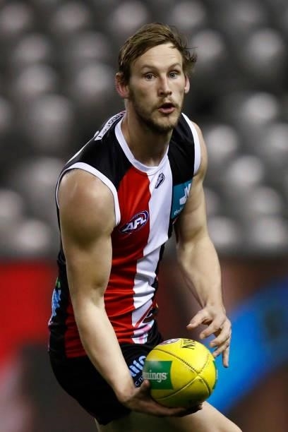 Jimmy Webster of the Saints runs with the ball during the round 21 AFL match between St Kilda Saints and Sydney Swans at Marvel Stadium on August 07,...
