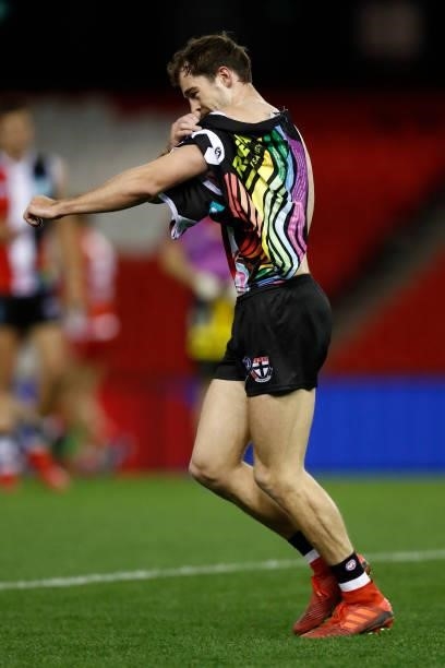 Daniel McKenzie of the Saints has his jumper torn off during the round 21 AFL match between St Kilda Saints and Sydney Swans at Marvel Stadium on...