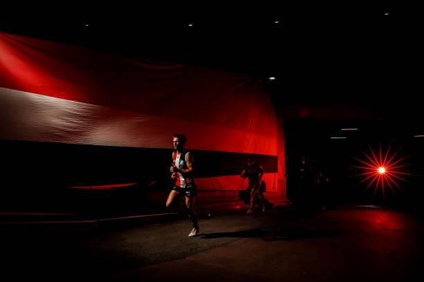 Dan Butler of the Saints runs out before the round 21 AFL match between St Kilda Saints and Sydney Swans at Marvel Stadium on August 07, 2021 in...