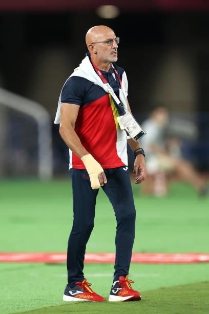 Luis de la Fuente, Head Coach of Team Spain looks on during the Men's Gold Medal Match between Brazil and Spain on day fifteen of the Tokyo 2020...