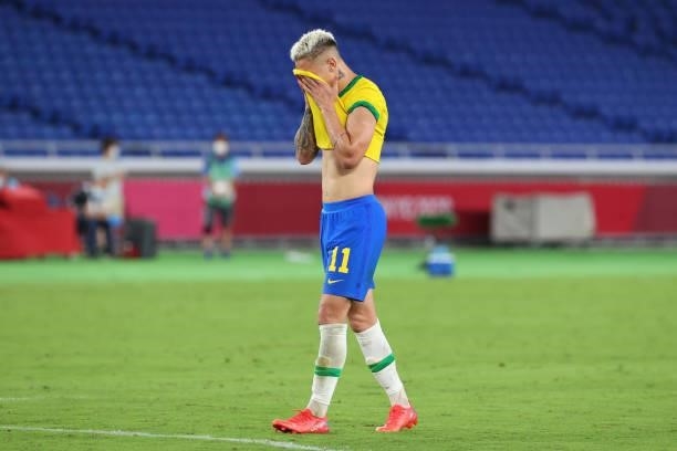 Antony of Team Brazil reacts in the second half during the men's gold medal match between Team Brazil and Team Spain at International Stadium...