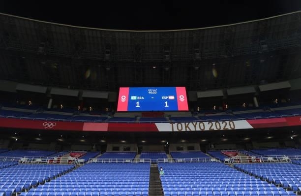 General view inside the stadium as the LED screen displays the score line during the Men's Gold Medal Match between Brazil and Spain on day fifteen...