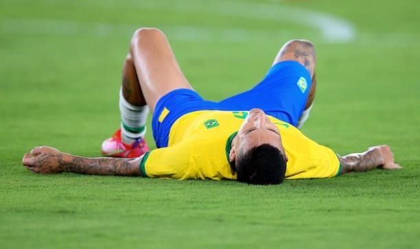 Guilherme Arana of Team Brazil reacts during the Men's Gold Medal Match between Brazil and Spain on day fifteen of the Tokyo 2020 Olympic Games at...
